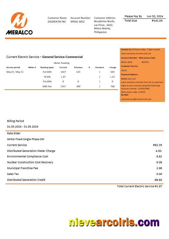Philippines Manila Electric Company (Meralco) electricity business utility bill